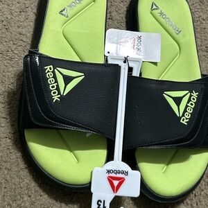 Reebok Black and Neon Green Slides